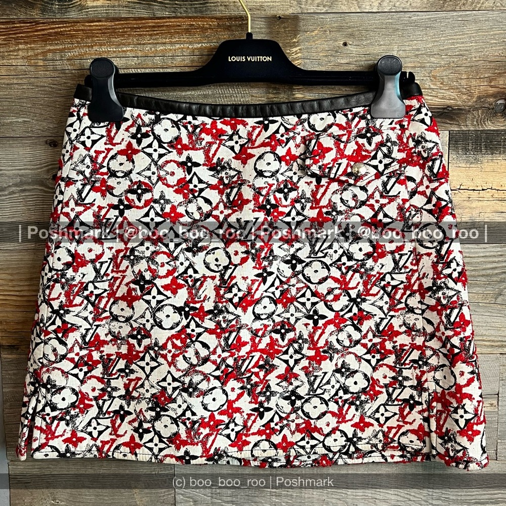 Louis Vuitton Red, Black, White Monogram Pattern Mini Skirt w/Leather Trim